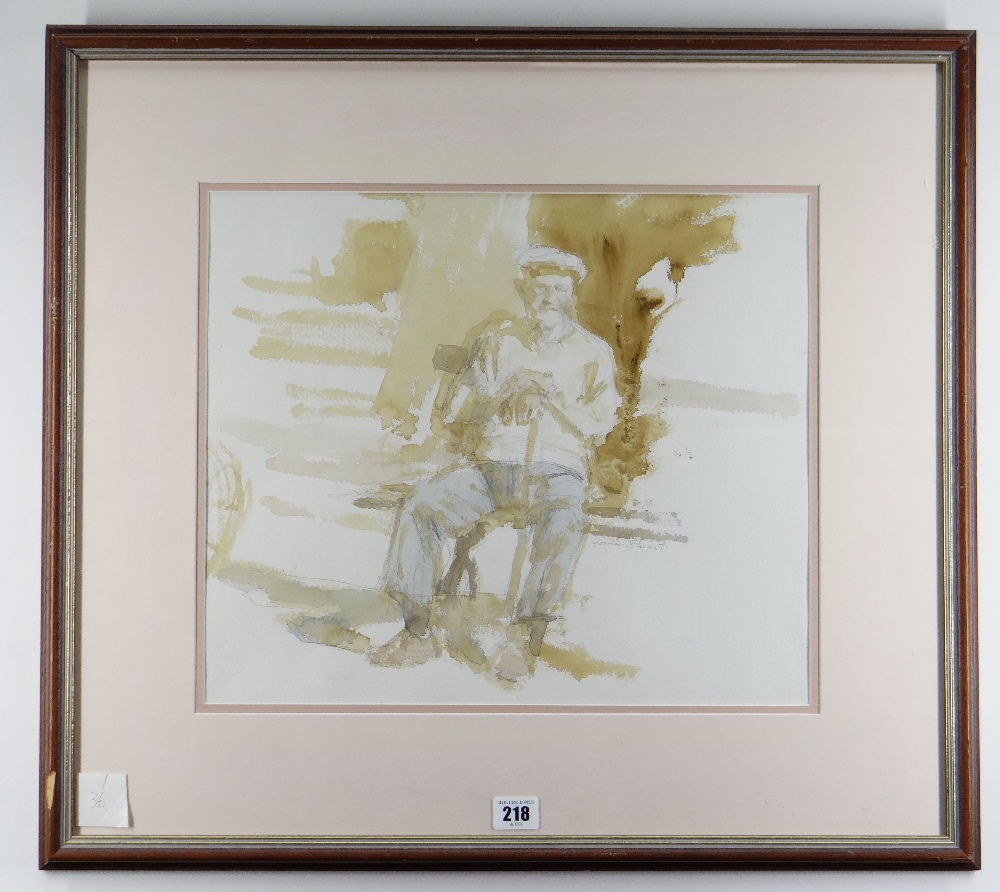 GORDON STUART watercolour - seated gentleman with walking stick, signed, 35 x 42cms Provenance: - Image 2 of 2