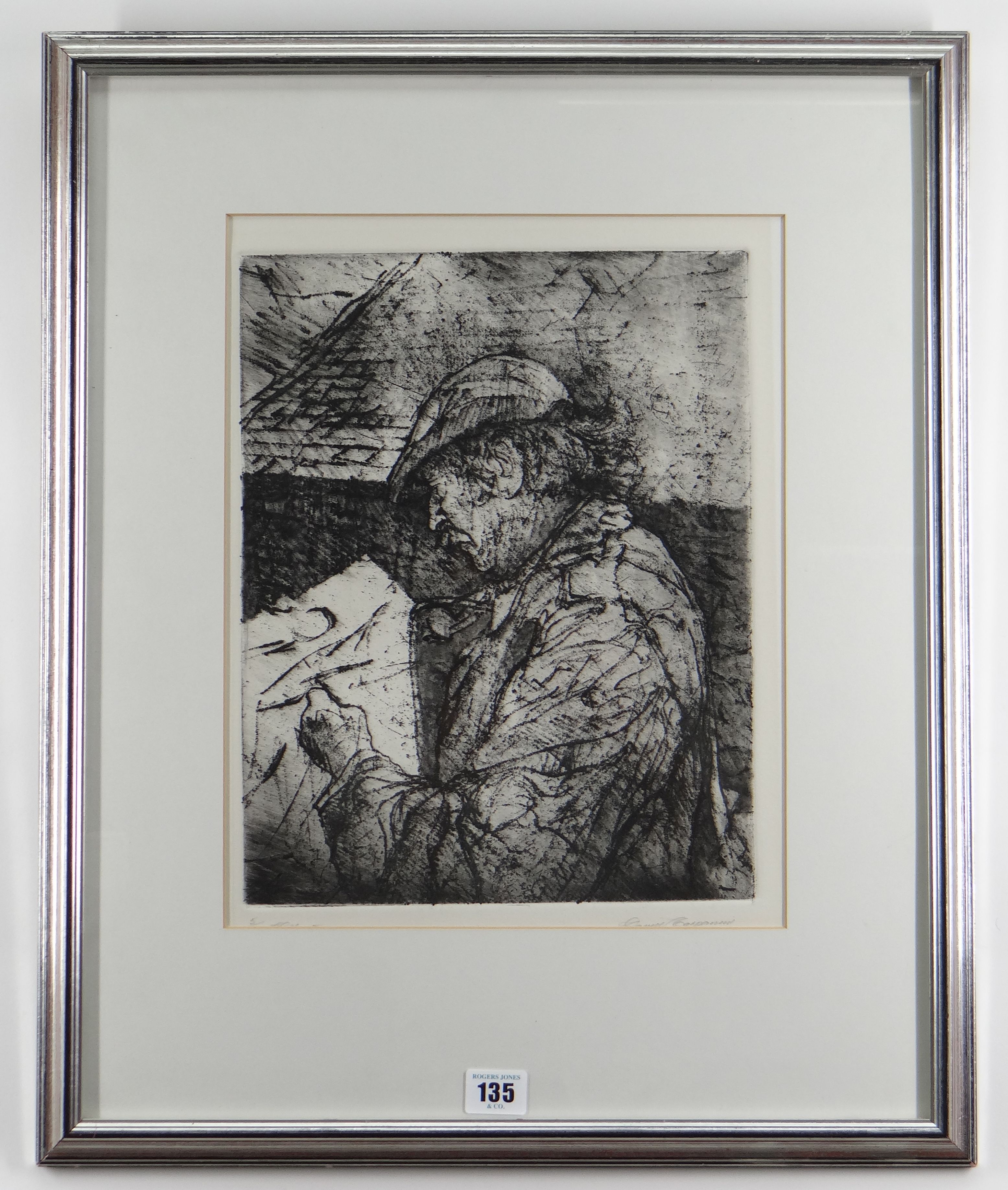 DAVID CARPANINI limited edition (5/50) etching - portrait of Sir Kyffin Williams in flat-cap and - Image 2 of 2