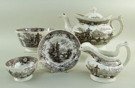 GLAMORGAN POTTERY PART TEA SERVICE IN THE BRIDGE & TOWER TRANSFER printed in brown, comprising