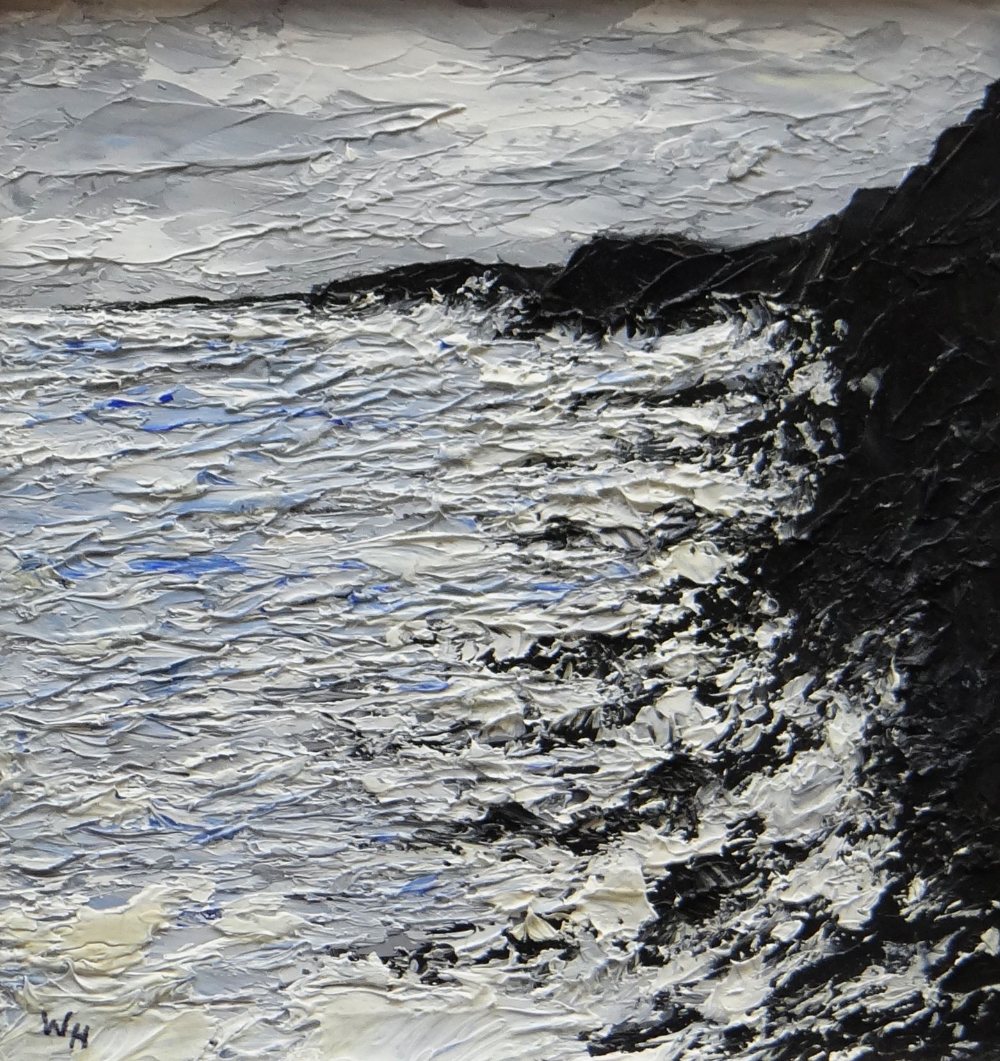WYN HUGHES oil on board - coastal cliffs and waves, signed with initials, 21.5 x 19cms Provenance: