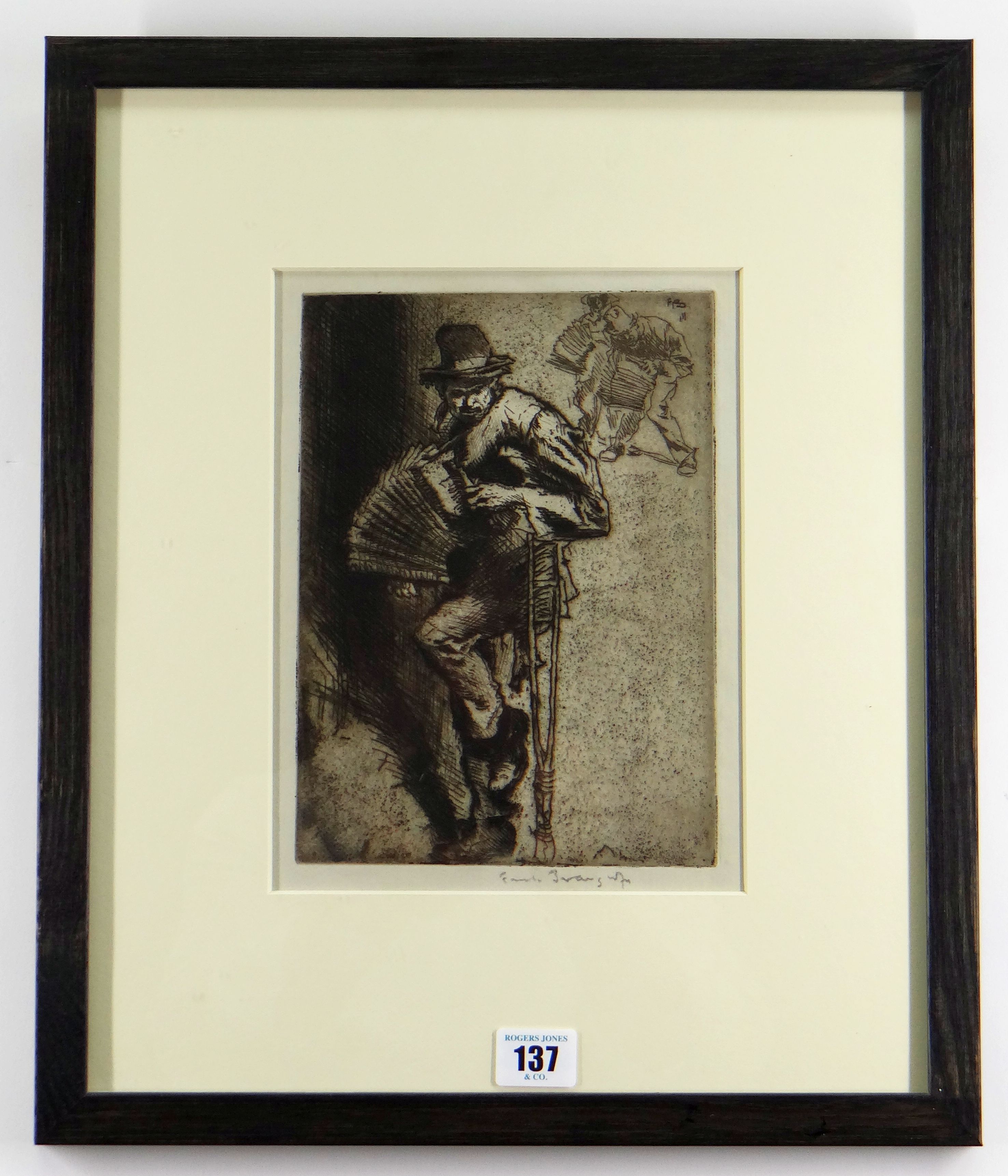 SIR FRANK BRANGWYN RA 1911 etching - entitled 'The Beggar Musician' signed in pencil, 24 x 18cms - Image 2 of 2