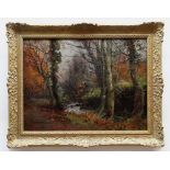 JOHN CUTHBERT SALMON RBA RCA oil on canvas - autumnal woodland with stream, signed, 45 x 60cms