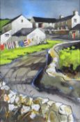 JOHN CLEAL watercolour and ink - West Wales village street with washing line and cottages,