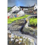 JOHN CLEAL watercolour and ink - West Wales village street with washing line and cottages,