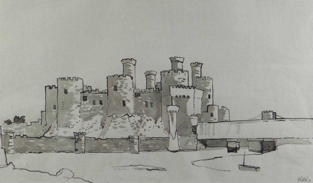 SIR KYFFIN WILLIAMS RA inkwash on grey paper - Conwy Castle and bridge, signed with initials, 27 x