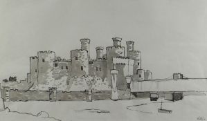 SIR KYFFIN WILLIAMS RA inkwash on grey paper - Conwy Castle and bridge, signed with initials, 27 x