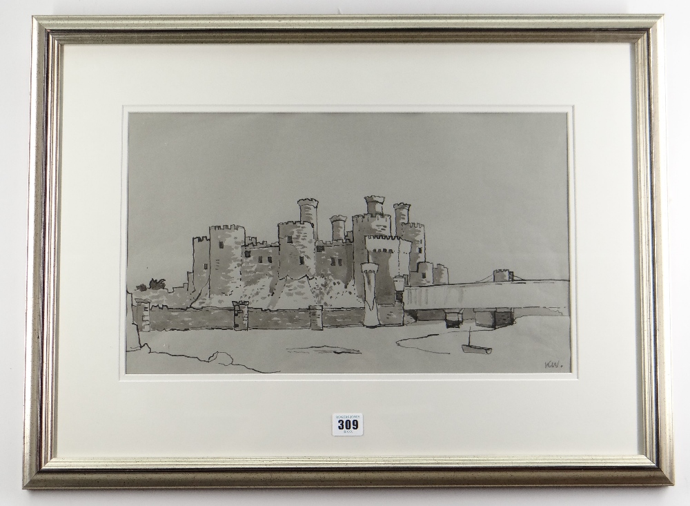 SIR KYFFIN WILLIAMS RA inkwash on grey paper - Conwy Castle and bridge, signed with initials, 27 x - Image 2 of 2