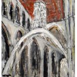 MATT STEELE mixed media on canvas - interior of Llandaff cathedral with Jacob Epstein's 'Christ in