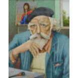 EDWARDS watercolour - portrait of Augustus John in old age, with beret, pipe and a portrait on an