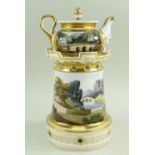 A WELSH LANDSCAPE ENGLISH PORCELAIN VEILLEUSE (tea-pot and warming stand) comprising miniature