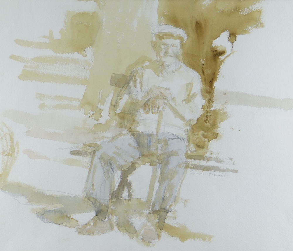 GORDON STUART watercolour - seated gentleman with walking stick, signed, 35 x 42cms Provenance: