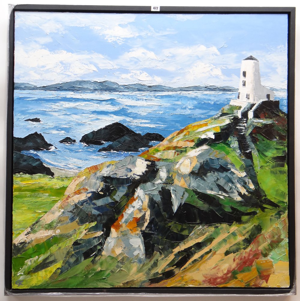 GWYN ROBERTS large oil on canvas - Ynys Mon coastal scene with historic lighthouse, entitled - Image 2 of 2