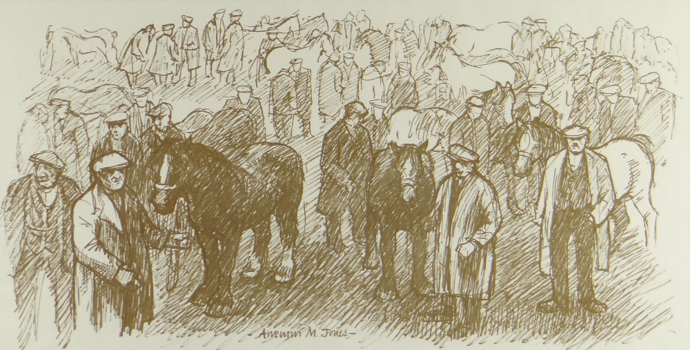 ANEURIN JONES monoprint - figures and horses at a horse fair, 19 x 37cms Provenance: private