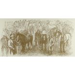 ANEURIN JONES monoprint - figures and horses at a horse fair, 19 x 37cms Provenance: private