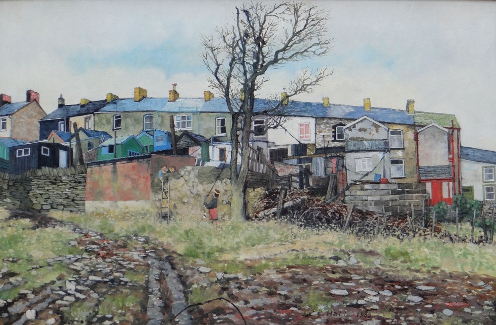 CHRISTOPHER HALL oil on board - back of south Wales terraced houses with three children at play,