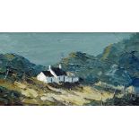 CHARLES WYATT WARREN oil on board - whitewashed cottage and Eryri mountains, entitled verso 'Farm