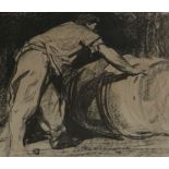 SIR FRANK BRANGWYN RA print on brown paper - a cooper rolling a barrel, 21 x 25cms Provenance: