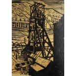 ELWYN THOMAS monochrome print - colliery pit head with trams and figures standing, signed and