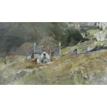 MALCOLM EDWARDS watercolour - derelict upland farm, entitled verso 'Pencarreg', signed, 23 x 36.5cms