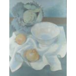 BERNICE CARLILL oil on paper - still-life of onions, cabbage and bowl, signed, 52 x 37cms