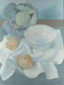 BERNICE CARLILL oil on paper - still-life of onions, cabbage and bowl, signed, 52 x 37cms