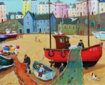VIVIENNE LUXTON oil on board - fisherman and figures in harbour at low tide, entitled verso on