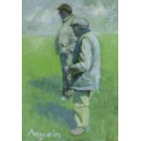 ANEURIN JONES acrylic - two farmers in a field observing, signed, 28 x 20cms Provenance: private