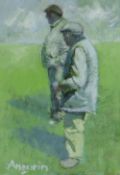 ANEURIN JONES acrylic - two farmers in a field observing, signed, 28 x 20cms Provenance: private