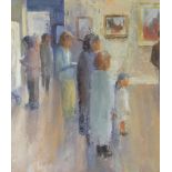 WENDY LOVEGROVE oil on card - group of standing figures in gallery, entitled verso 'Sara's First