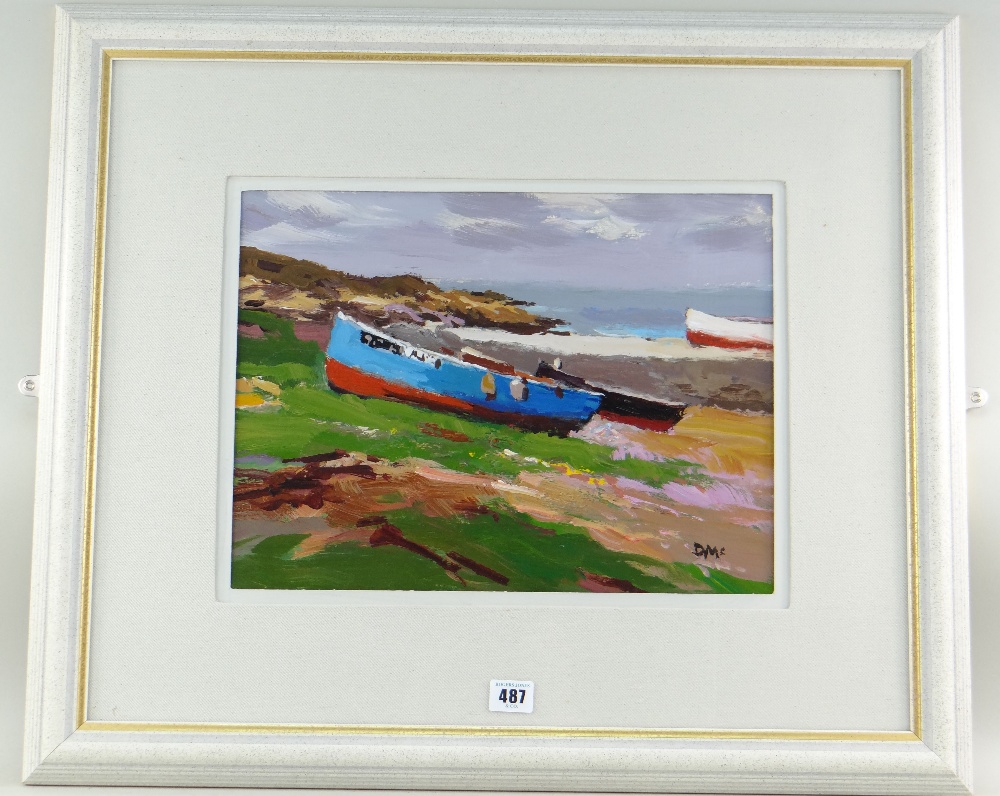 DONALD MCINTYRE acrylic - fishing boats on the shore, entitled verso on artist's handwritten - Image 2 of 2