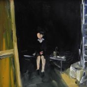PAUL REES oil on board - seated female figure on a bench, entitled verso on Attic Gallery label '