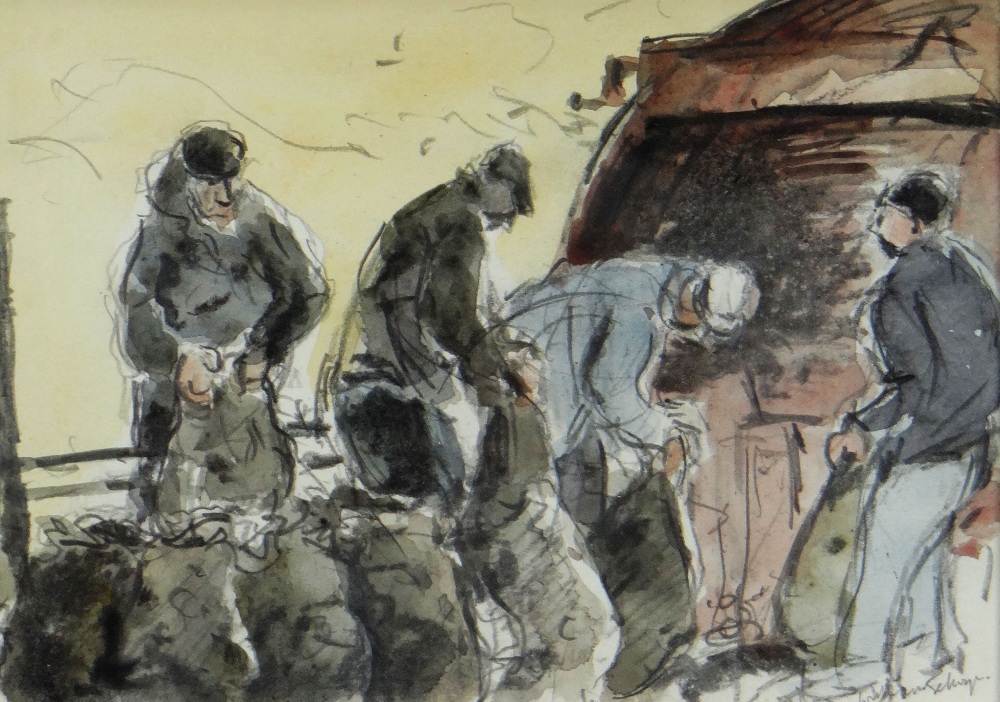 WILLIAM SELWYN watercolour - four figures at work, entitled verso 'Potato Harvesters', signed, 14