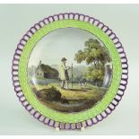 AN UNUSAL PAINTED SWANSEA WICKER BORDER PLATE circa 1820-1830 in typical lime green and purple