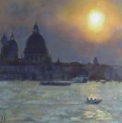 DAI DAVID oil on card - view across the lagoon towards Santa Maria della Salute, Venice at sunset,