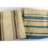 TWO HEAVY WEIGHT ANTIQUE WELSH BLANKETS with varying brown stripes and varying blue stripes, circa
