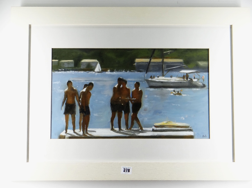 DAI DAVID acrylic - boys in swimming trunks at harbour with yacht, signed with initials, 27 x - Image 2 of 2