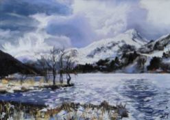 ALED PRICHARD-JONES pastel - Eryri landscape, entitled verso 'Winter Llyn Gwynant', signed with