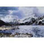 ALED PRICHARD-JONES pastel - Eryri landscape, entitled verso 'Winter Llyn Gwynant', signed with