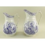 A PAIR OF LLANELLY POTTERY PURPLE TRANSFER COMMEMORATIVE JUGS with sides printed pictorial