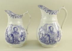 A PAIR OF LLANELLY POTTERY PURPLE TRANSFER COMMEMORATIVE JUGS with sides printed pictorial