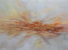 RONALD LOWE large oil on canvas - expansive landscape, entitled verso 'Misty and Golden Flight'