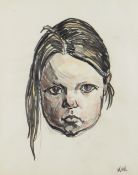 SIR KYFFIN WILLIAMS RA mixed media - head portrait of a young girl, circa 1970s, entitled on Tegfryn
