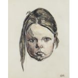 SIR KYFFIN WILLIAMS RA mixed media - head portrait of a young girl, circa 1970s, entitled on Tegfryn