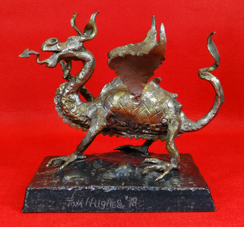 TOM HUGHES bronze and steel sculpture - rampant dragon with one leg raised on a steel square base, - Image 3 of 3