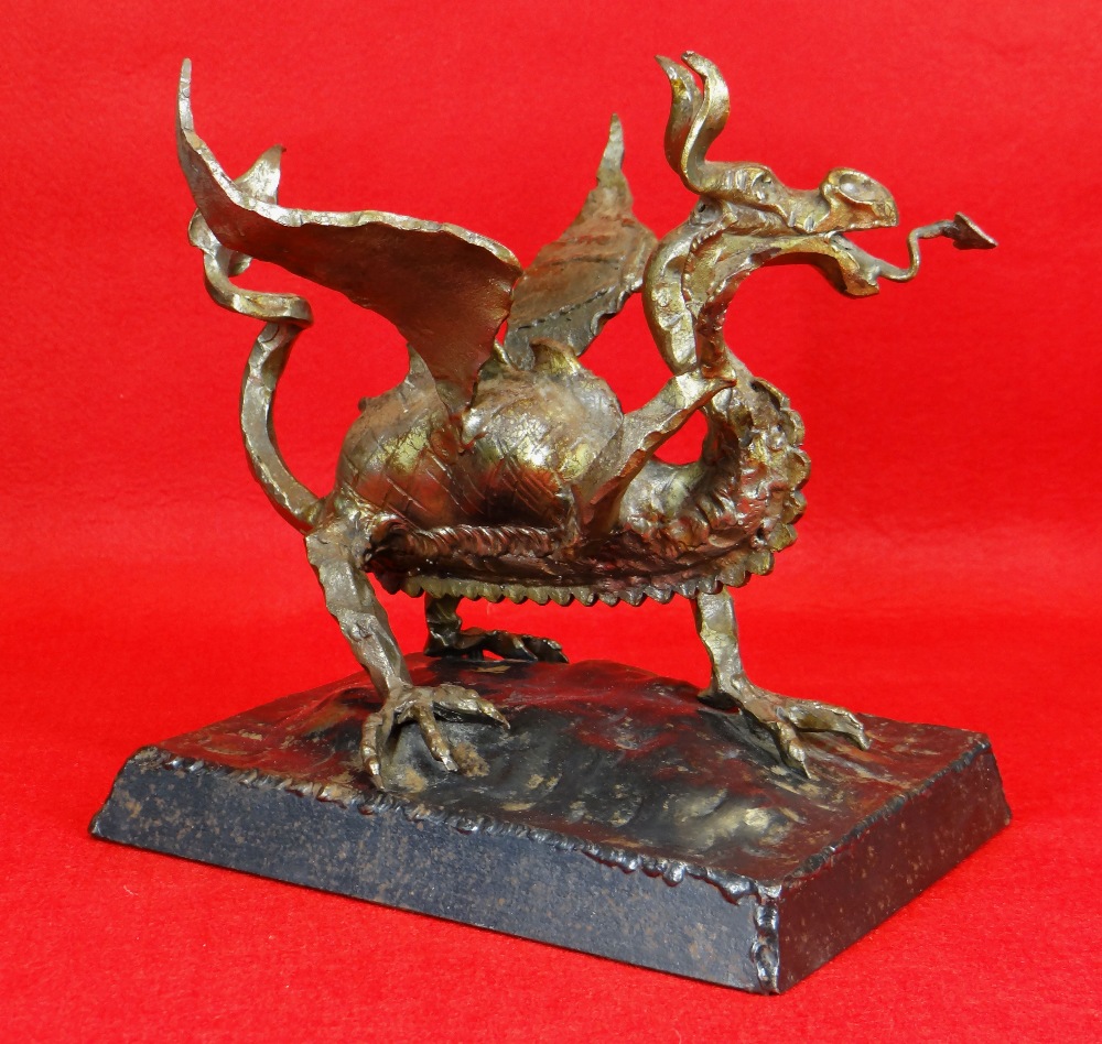 TOM HUGHES bronze and steel sculpture - rampant dragon with one leg raised on a steel square base, - Image 2 of 3