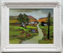 JOHN ELWYN oil on canvas - landscape with lane, trees and buildings, signed and dated 1993, 40 x