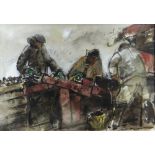 WILLIAM SELWYN watercolour - three potato pickers, Oriel Tegrfyn Gallery label verso, signed, 36 x