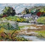 ALAN KNIGHT thick impasto oil on canvas - colourful Ynys Mon landscape with farm and building,