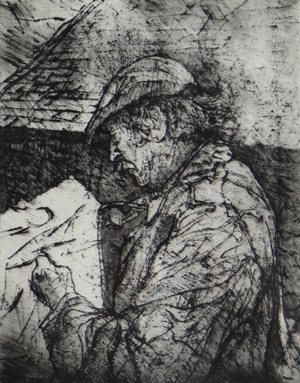 DAVID CARPANINI limited edition (5/50) etching - portrait of Sir Kyffin Williams in flat-cap and