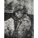 DAVID CARPANINI limited edition (5/50) etching - portrait of Sir Kyffin Williams in flat-cap and